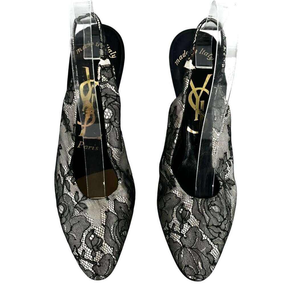 Vintage YSL Black Lace Slingback Pumps Size 7.5 Yves St Laurent - Picture 3 of 12